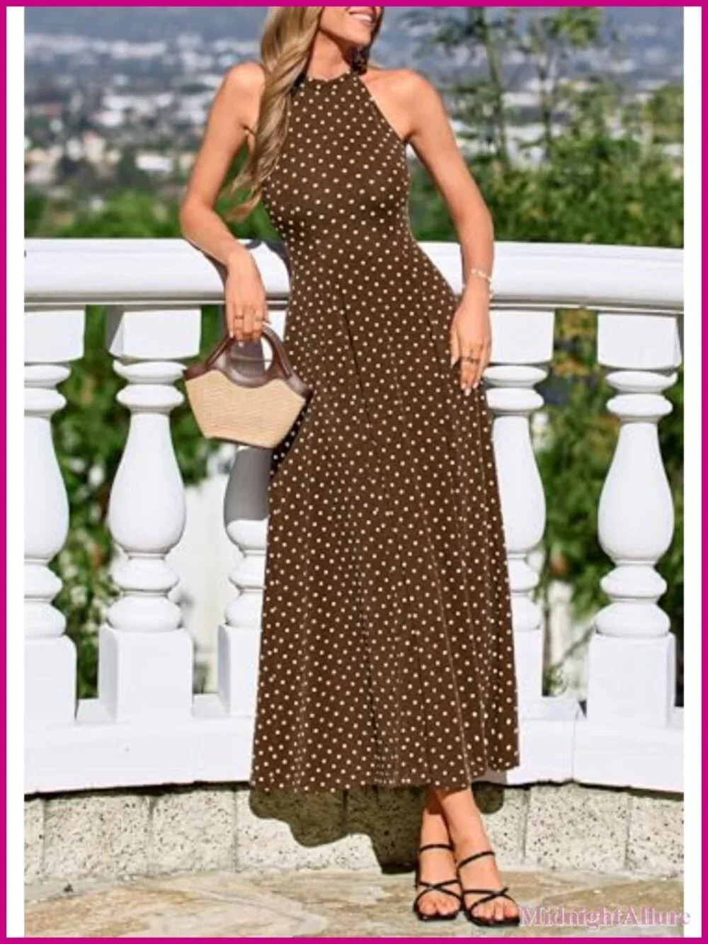 Sleeveless Halter Maxi Sundress with Pockets Flowy A-Line